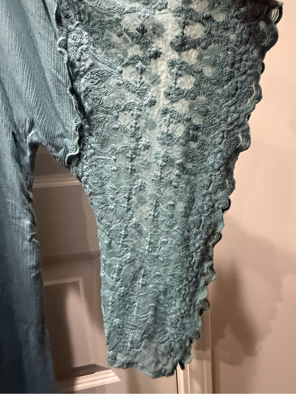 GiGiO Open-Front Lace-Trim Duster Kimono in a dusty teal - Picture 10 of 11